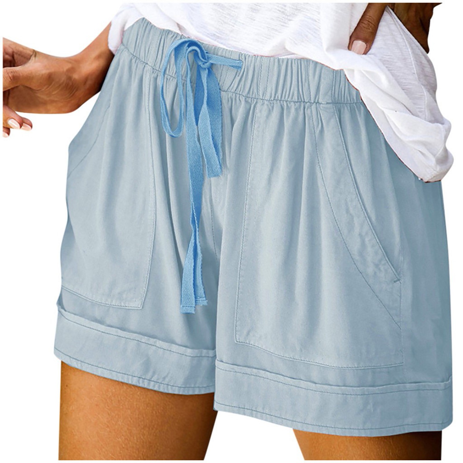 thumbnail image 2 of Pantalones cortos cómodos con cordón y cintura elástica para mujer - Pantalones holgados de color liso con bolsillos - Ropa informal de verano de poliéster, 2 of 8